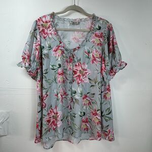 Show Me Your Mumu Shirt Womens XL Green Floral Button Up Short Ruffled Sleeves